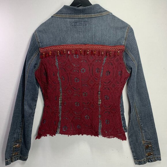 Elegant Boho Denim Jacket Embellished Lace Beaded Handcrafted Luxe Rockstar - Picture 8 of 11